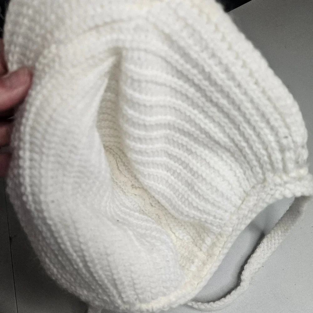 Handmade White Crochet Pixie Baby Bonnet with Pom Poms and Chin Straps